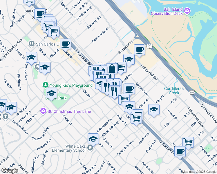 map of restaurants, bars, coffee shops, grocery stores, and more near 1239 Laurel Street in San Carlos