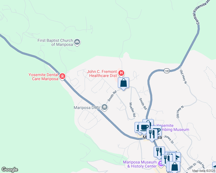 map of restaurants, bars, coffee shops, grocery stores, and more near 5255 White Oak Court in Mariposa