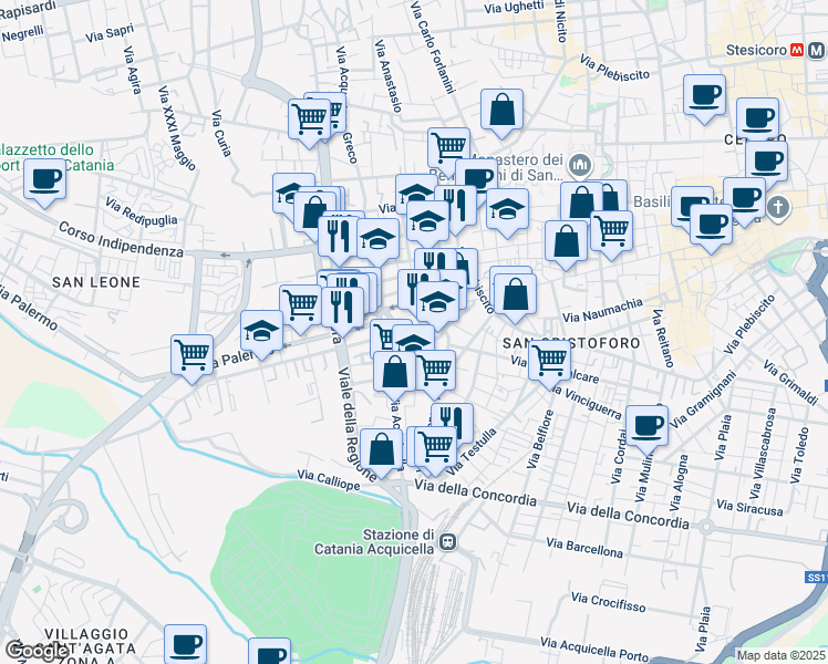 map of restaurants, bars, coffee shops, grocery stores, and more near 1 Via Gismondo in Catania