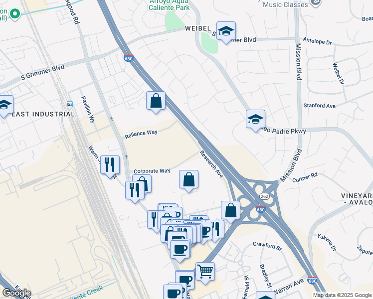 map of restaurants, bars, coffee shops, grocery stores, and more near 837 Corporate Way in Fremont