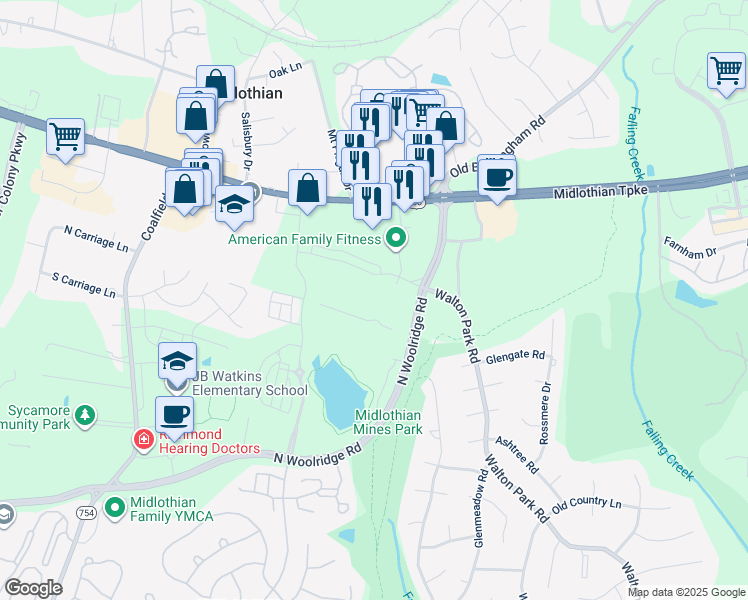 map of restaurants, bars, coffee shops, grocery stores, and more near 13208 Garland Lane in Midlothian