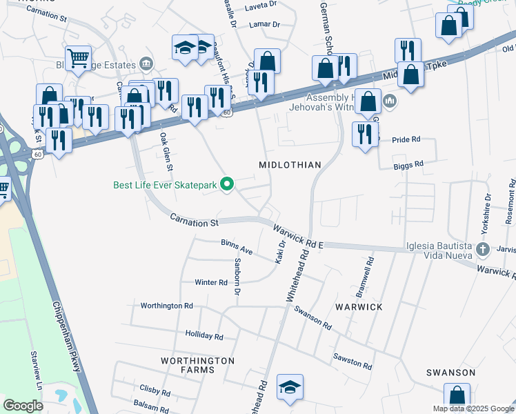 map of restaurants, bars, coffee shops, grocery stores, and more near 6220 Old Warwick Road in Richmond