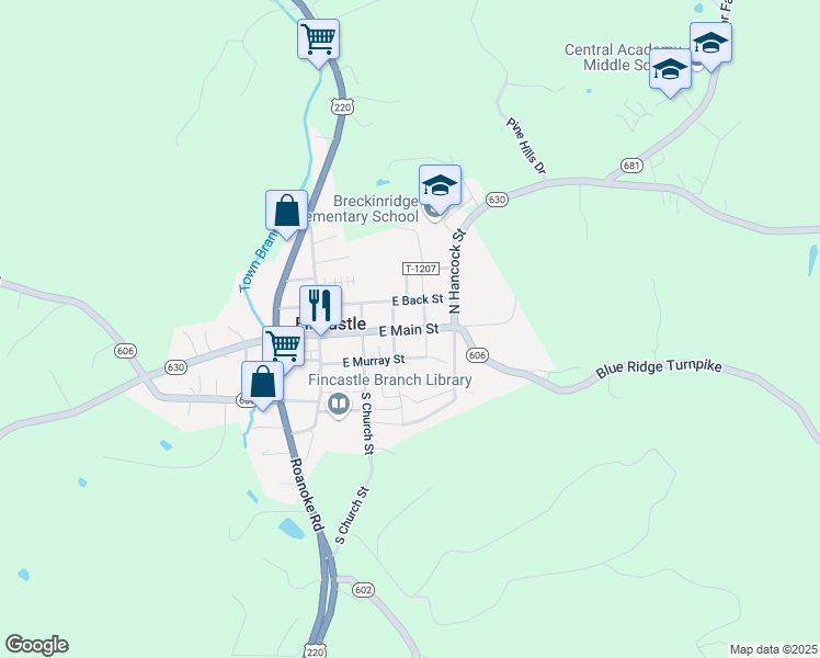 map of restaurants, bars, coffee shops, grocery stores, and more near Virginia 606 in Fincastle