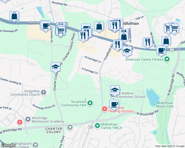 map of restaurants, bars, coffee shops, grocery stores, and more near 14021 South Carriage Lane in Midlothian
