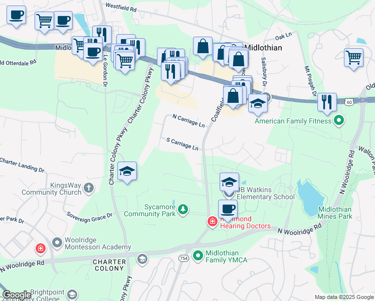 map of restaurants, bars, coffee shops, grocery stores, and more near 14021 South Carriage Lane in Midlothian