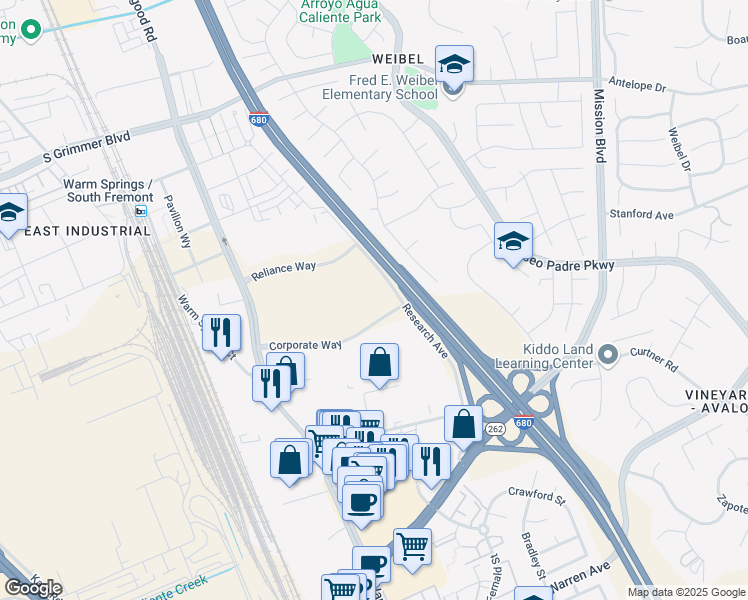 map of restaurants, bars, coffee shops, grocery stores, and more near 837 Corporate Way in Fremont