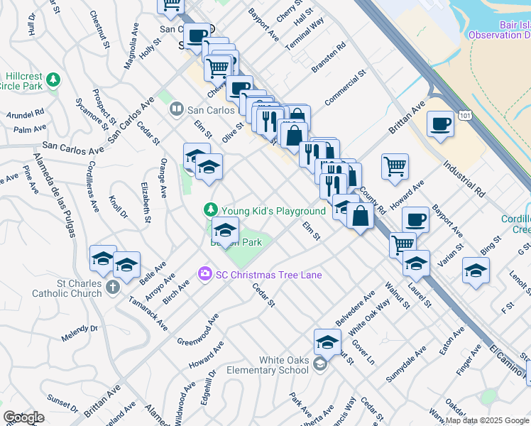 map of restaurants, bars, coffee shops, grocery stores, and more near 1017 Woodland Avenue in San Carlos