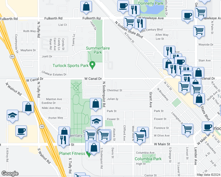 map of restaurants, bars, coffee shops, grocery stores, and more near 1083 Chestnut Street in Turlock