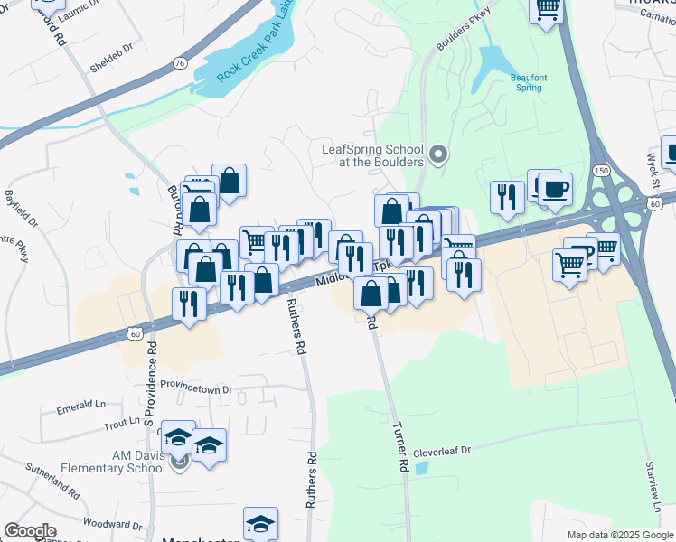map of restaurants, bars, coffee shops, grocery stores, and more near 7700 Midlothian Turnpike in Richmond