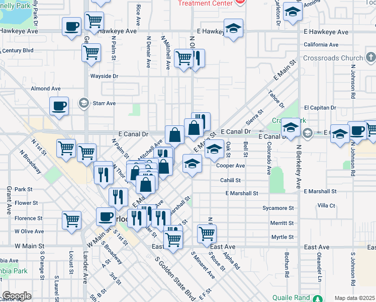 map of restaurants, bars, coffee shops, grocery stores, and more near 730 East Main Street in Turlock