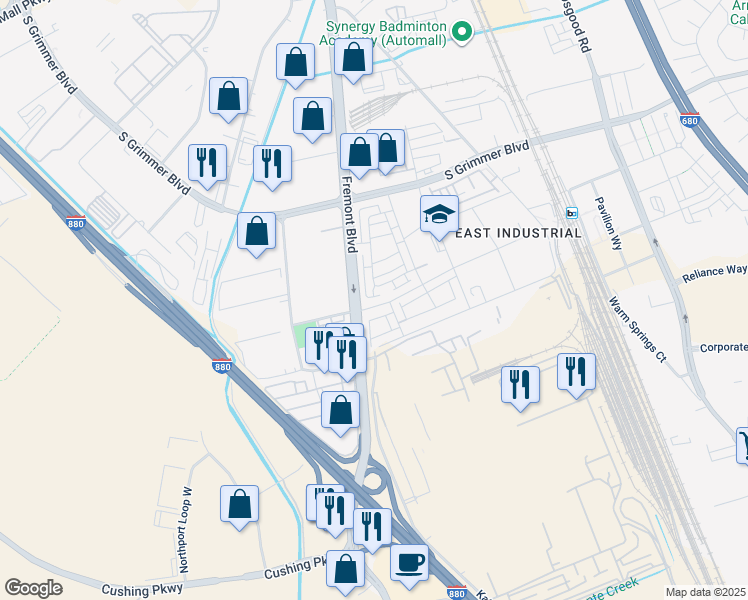 map of restaurants, bars, coffee shops, grocery stores, and more near 45200-45232 Fremont Boulevard in Fremont