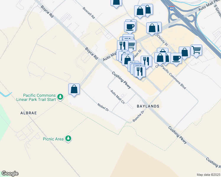 map of restaurants, bars, coffee shops, grocery stores, and more near 6700 Auto Mall Parkway in Fremont