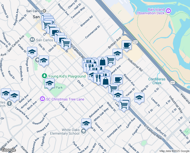 map of restaurants, bars, coffee shops, grocery stores, and more near 1239 Laurel Street in San Carlos
