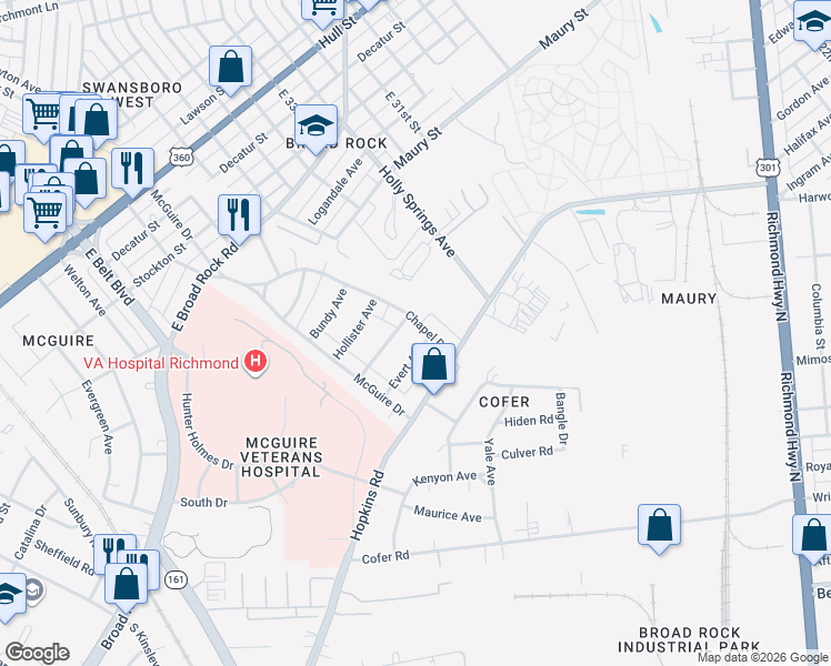 map of restaurants, bars, coffee shops, grocery stores, and more near 3307 Chapel Drive in Richmond