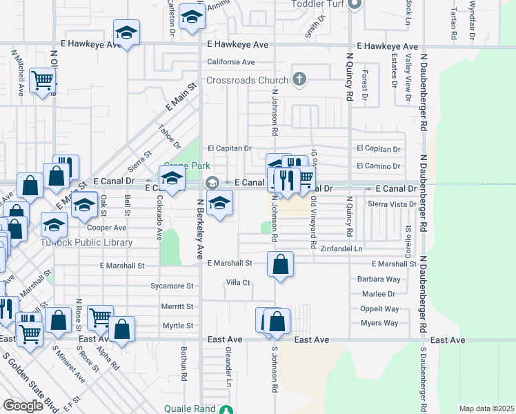 map of restaurants, bars, coffee shops, grocery stores, and more near 1924 East Canal Drive in Turlock