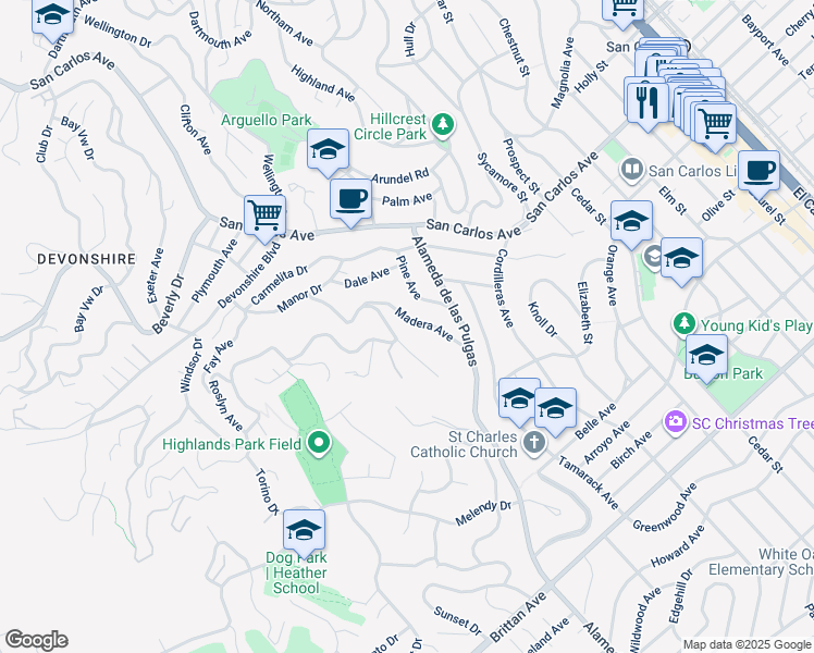map of restaurants, bars, coffee shops, grocery stores, and more near 61 Madera Avenue in San Carlos