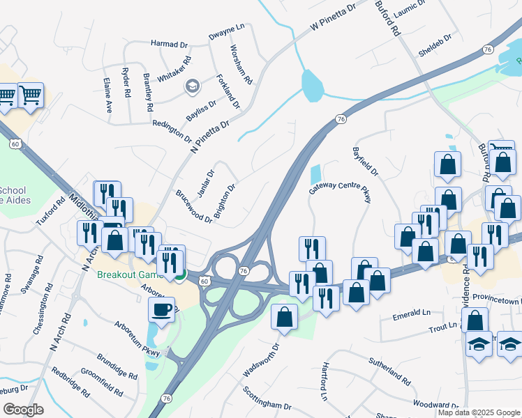 map of restaurants, bars, coffee shops, grocery stores, and more near 8839 Brucewood Drive in Richmond