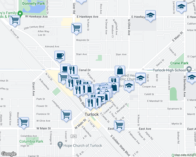 map of restaurants, bars, coffee shops, grocery stores, and more near 522 Wolfe Avenue in Turlock