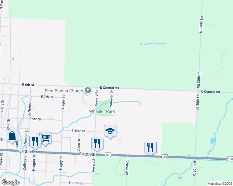 map of restaurants, bars, coffee shops, grocery stores, and more near 1406 East 7th Street in Lamar