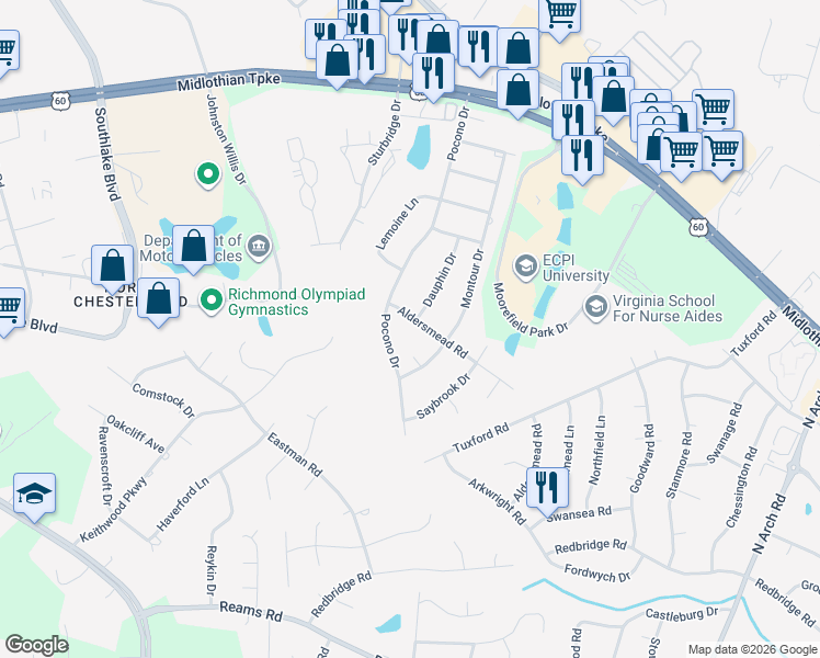 map of restaurants, bars, coffee shops, grocery stores, and more near 420 Montour Drive in Richmond