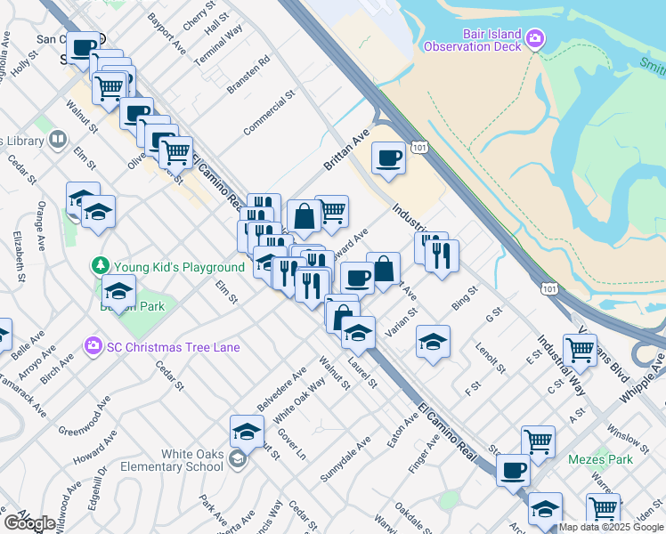 map of restaurants, bars, coffee shops, grocery stores, and more near 1325 Old County Road in San Carlos