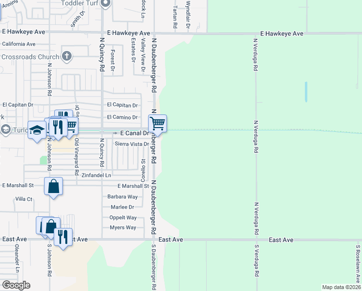 map of restaurants, bars, coffee shops, grocery stores, and more near 716 North Daubenberger Road in Turlock