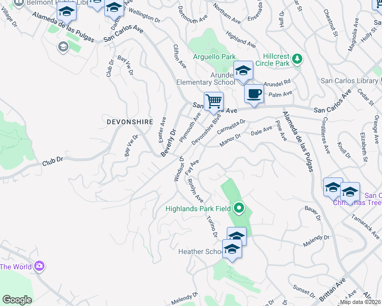 map of restaurants, bars, coffee shops, grocery stores, and more near 145 Devonshire Boulevard in San Carlos