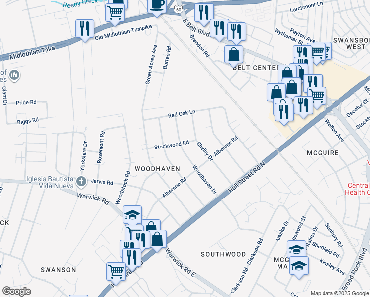 map of restaurants, bars, coffee shops, grocery stores, and more near 807 Woodhaven Drive in Richmond
