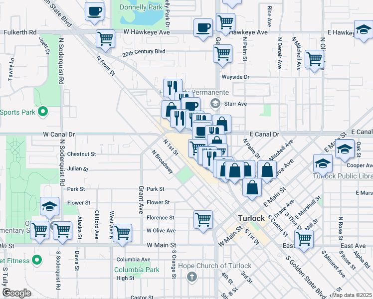map of restaurants, bars, coffee shops, grocery stores, and more near 701 North Golden State Boulevard in Turlock