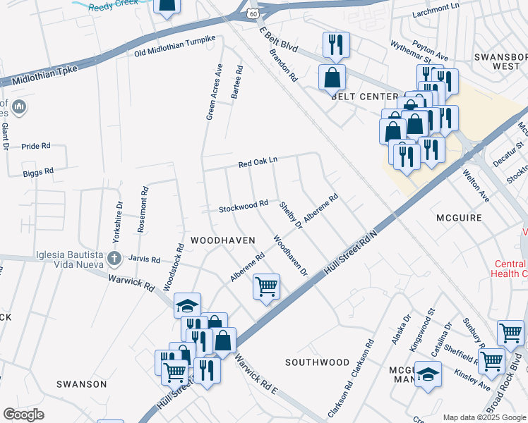 map of restaurants, bars, coffee shops, grocery stores, and more near 807 Woodhaven Drive in Richmond
