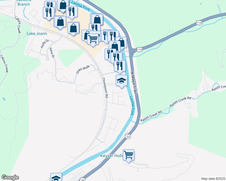map of restaurants, bars, coffee shops, grocery stores, and more near 198 Keel St in Pikeville