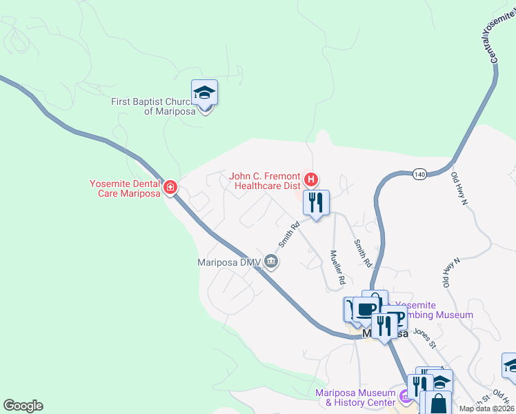 map of restaurants, bars, coffee shops, grocery stores, and more near 5138 Terrace View Lane in Mariposa