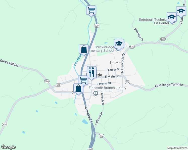 map of restaurants, bars, coffee shops, grocery stores, and more near in Fincastle