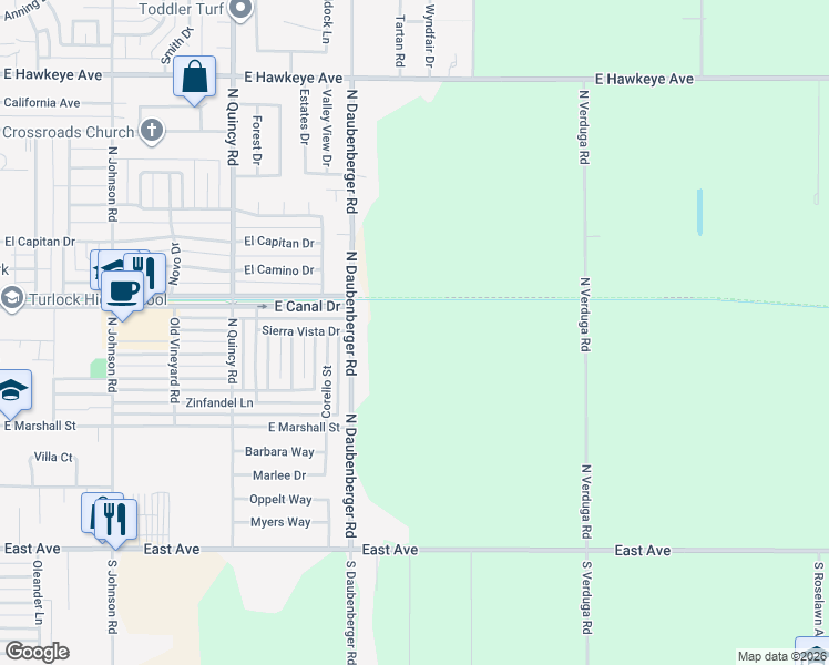 map of restaurants, bars, coffee shops, grocery stores, and more near 716 North Daubenberger Road in Turlock
