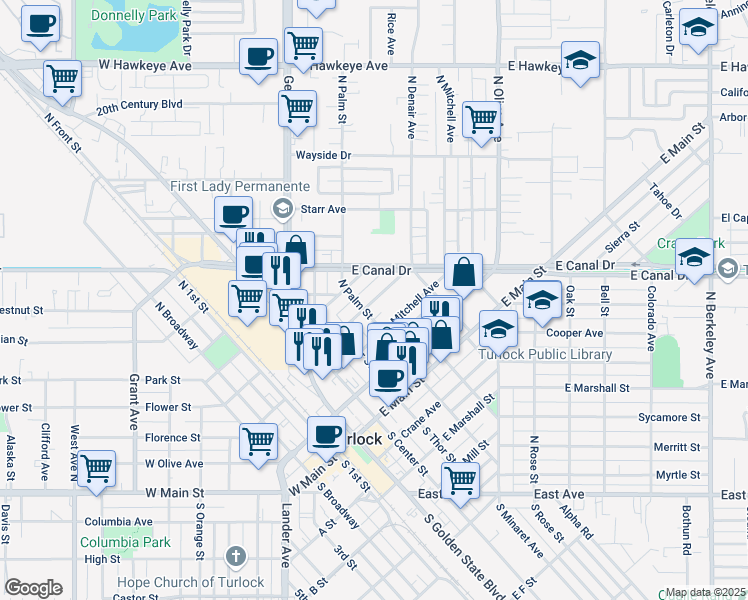 map of restaurants, bars, coffee shops, grocery stores, and more near 619 Wolfe Avenue in Turlock