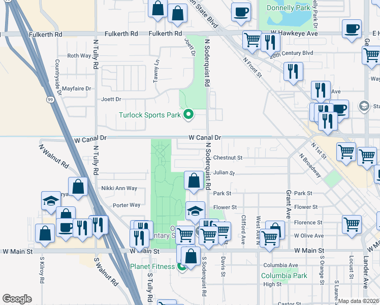 map of restaurants, bars, coffee shops, grocery stores, and more near 1380 West Canal Drive in Turlock