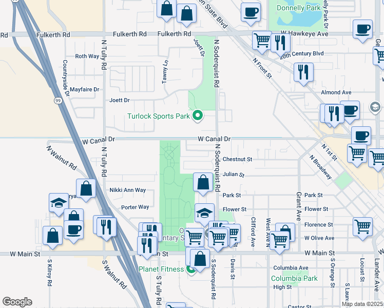 map of restaurants, bars, coffee shops, grocery stores, and more near 1380 West Canal Drive in Turlock