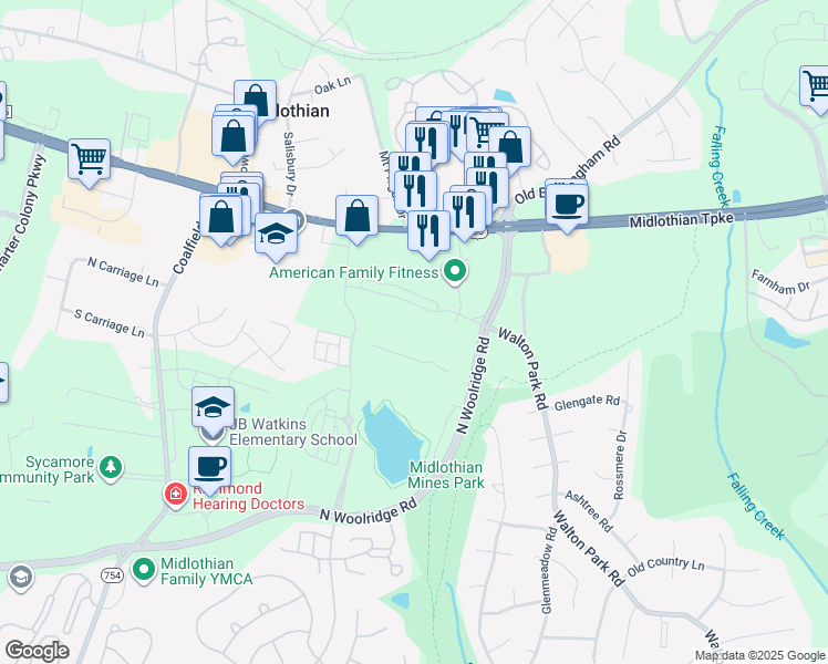 map of restaurants, bars, coffee shops, grocery stores, and more near 120 Walton Park Road in Midlothian