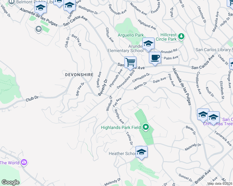 map of restaurants, bars, coffee shops, grocery stores, and more near 145 Devonshire Boulevard in San Carlos