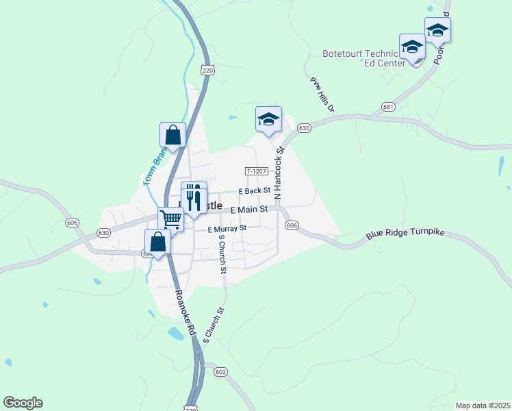 map of restaurants, bars, coffee shops, grocery stores, and more near 224 East Main Street in Fincastle
