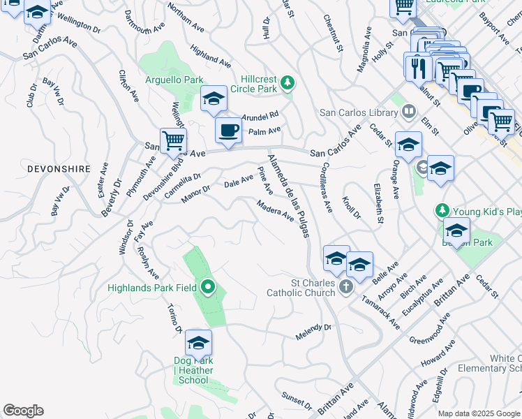 map of restaurants, bars, coffee shops, grocery stores, and more near 65 Madera Avenue in San Carlos