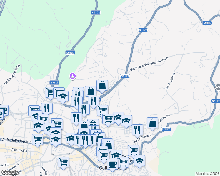 map of restaurants, bars, coffee shops, grocery stores, and more near 296 Via Filippo Paladini in Caltanissetta