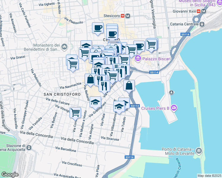 map of restaurants, bars, coffee shops, grocery stores, and more near 41 Via Colonna in Catania