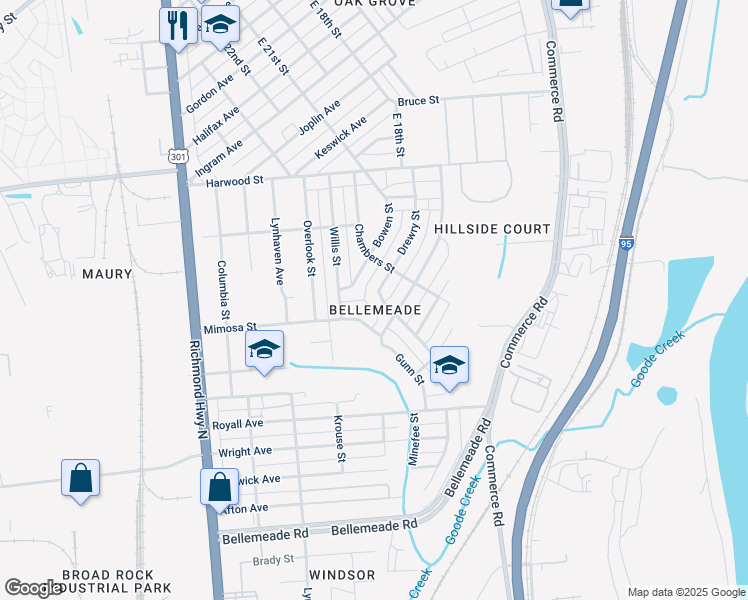 map of restaurants, bars, coffee shops, grocery stores, and more near 1515 Drewry Street in Richmond