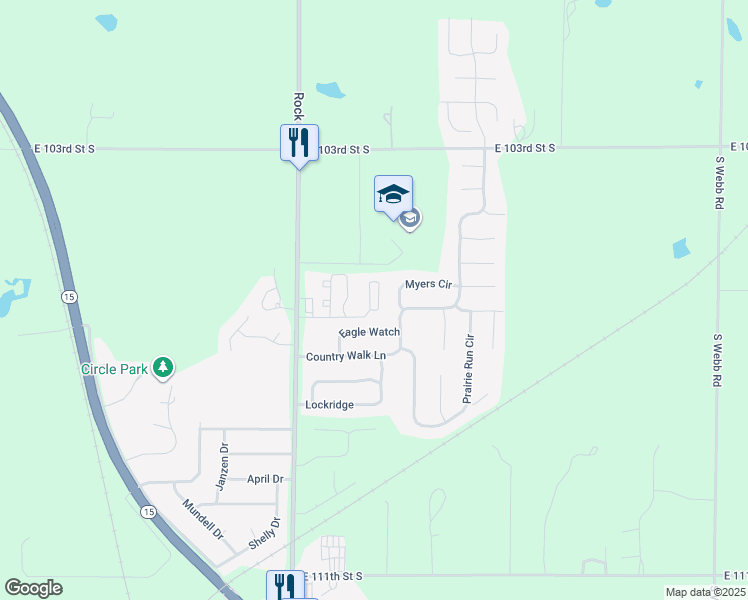 map of restaurants, bars, coffee shops, grocery stores, and more near 340 East Rock Road Court in Mulvane