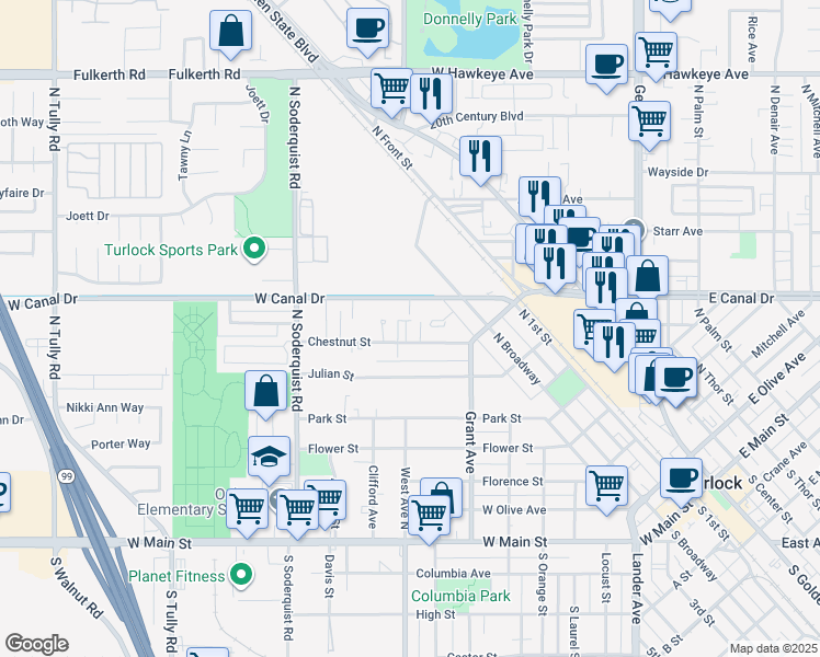 map of restaurants, bars, coffee shops, grocery stores, and more near 777 Chestnut Street in Turlock