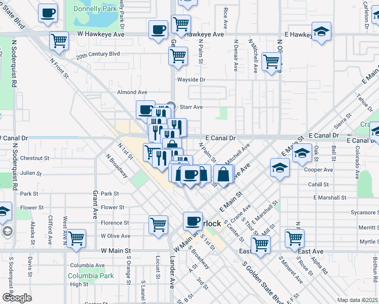 map of restaurants, bars, coffee shops, grocery stores, and more near 609 North Thor Street in Turlock