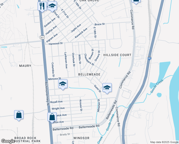 map of restaurants, bars, coffee shops, grocery stores, and more near 1515 Drewry Street in Richmond