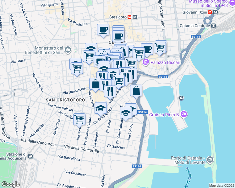 map of restaurants, bars, coffee shops, grocery stores, and more near 41 Via Colonna in Catania