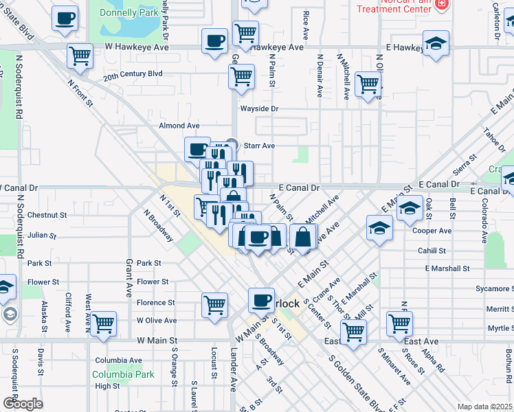 map of restaurants, bars, coffee shops, grocery stores, and more near 609 North Thor Street in Turlock